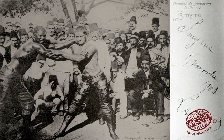İki güreşçi. Fotoğraf Osmanlı döneminde, İzmir’de çekilmiş. (Kaynak: Mişel Pabuçciyan koleksiyonu)